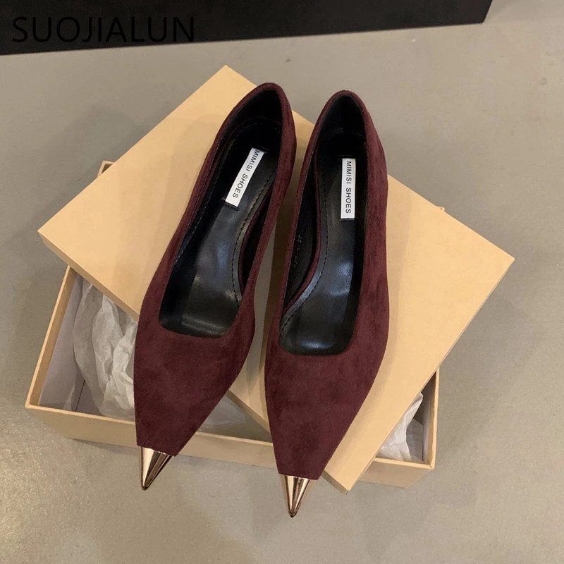 SUOJIALUN Spring New Brand Women Pumps Shoes Fashion Gold Pointed Toe Shallow Slip On Slingback Shoes Thin Low Heel Dress Pumps