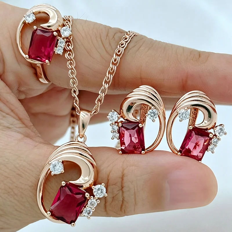 Kinel Hot Square Rote Natürliche Zirkon-Schmucksets für Damen Mode 585 Roségold-Farbene Ringe Ohrringe Halskette Täglicher Edel-Schmuck