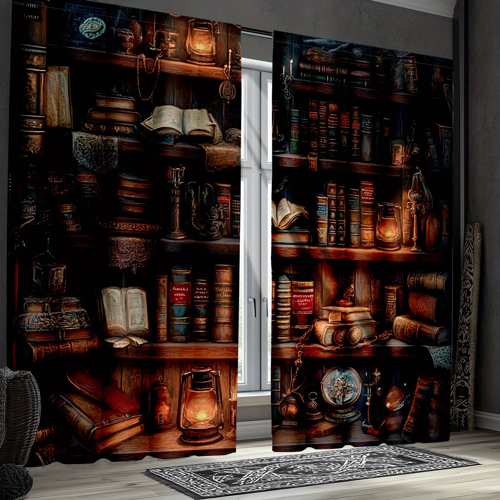 Vintage Library Curtain, Magic Bookshelf Window Drape, Retro Study Room Blackout Panel, Home Office Living Room Decor