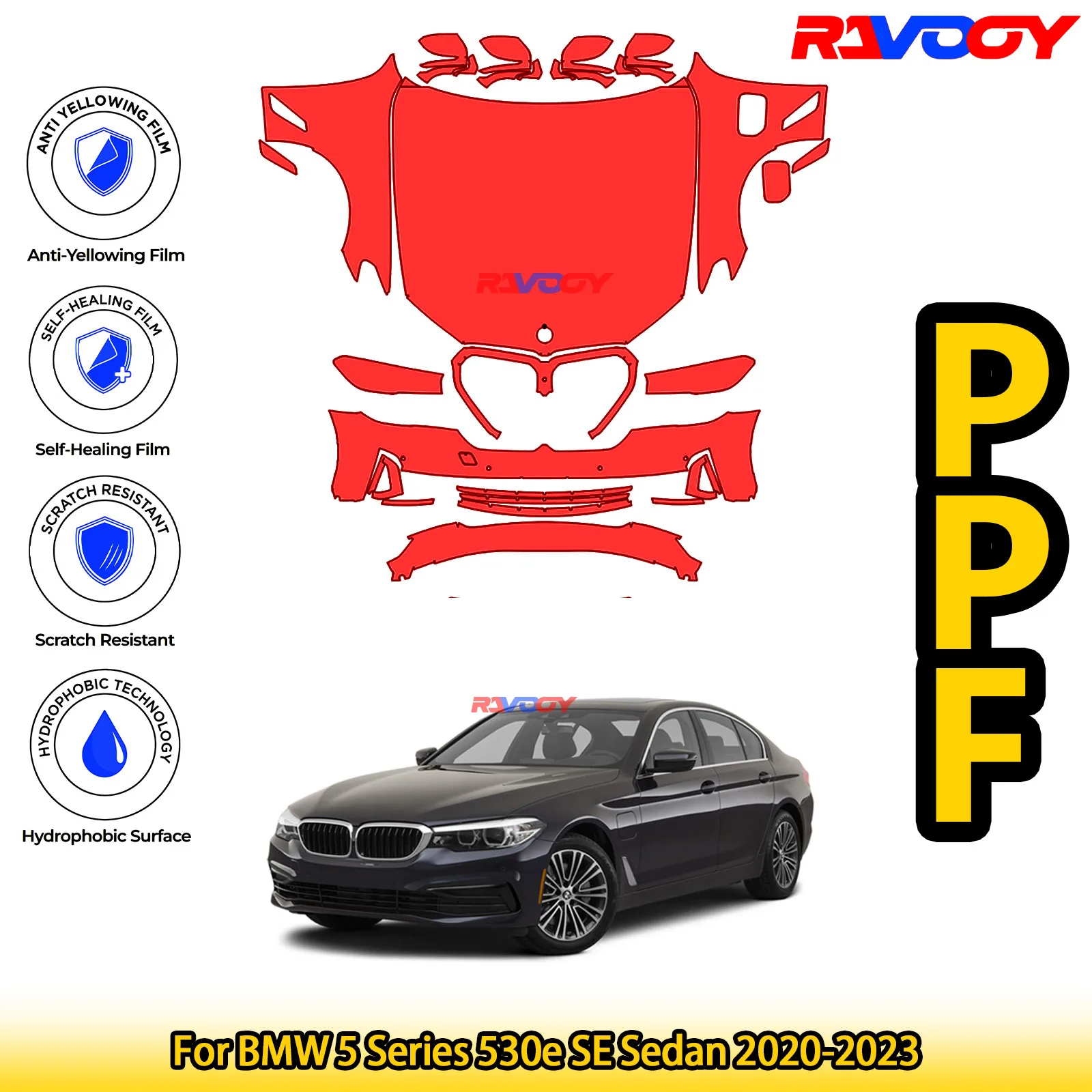 

Для BMW 5 серии 530e SE Sedan 2020-2023, глянцевая матовая черная предварительно вырезанная передняя защитная пленка PPF, комплект