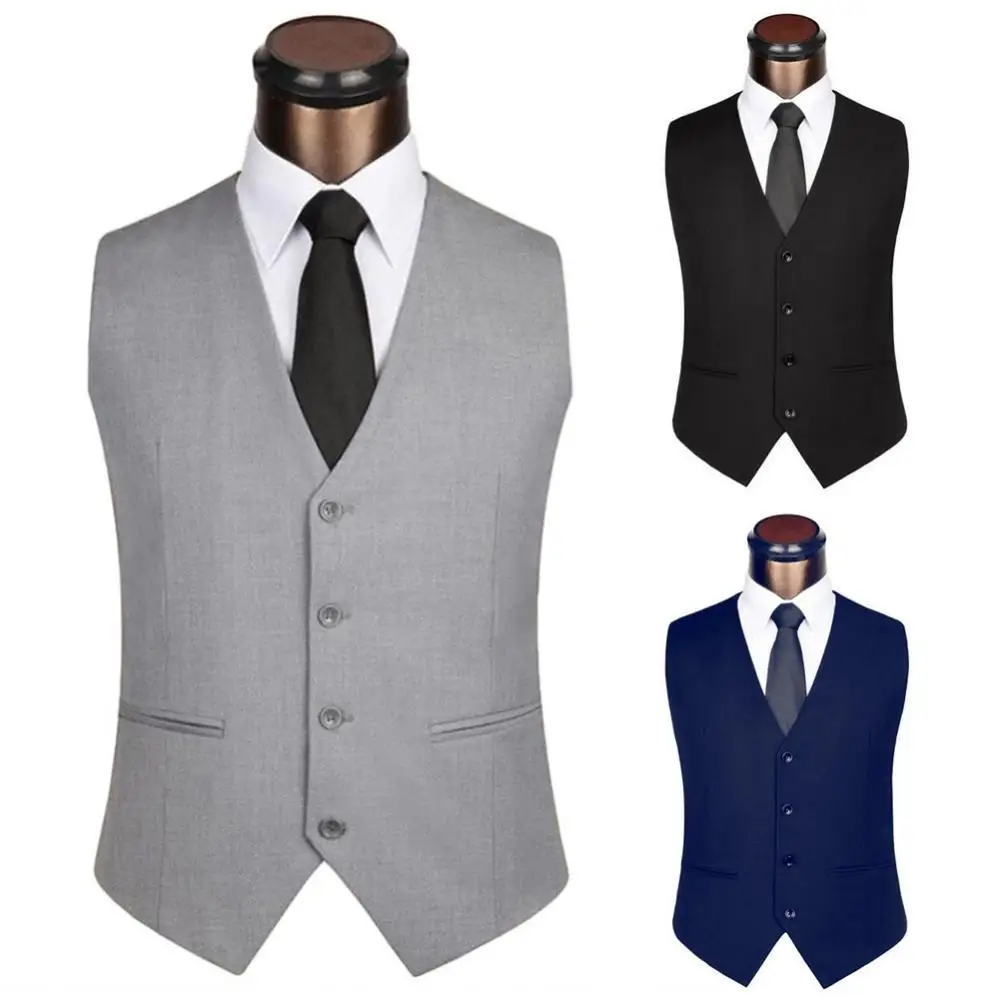 Men Business Waistcoat Solid Color Sleeveless Suit Vest Back Straps Single-breasted Slim Business Wedding Banquet Blazer Vest