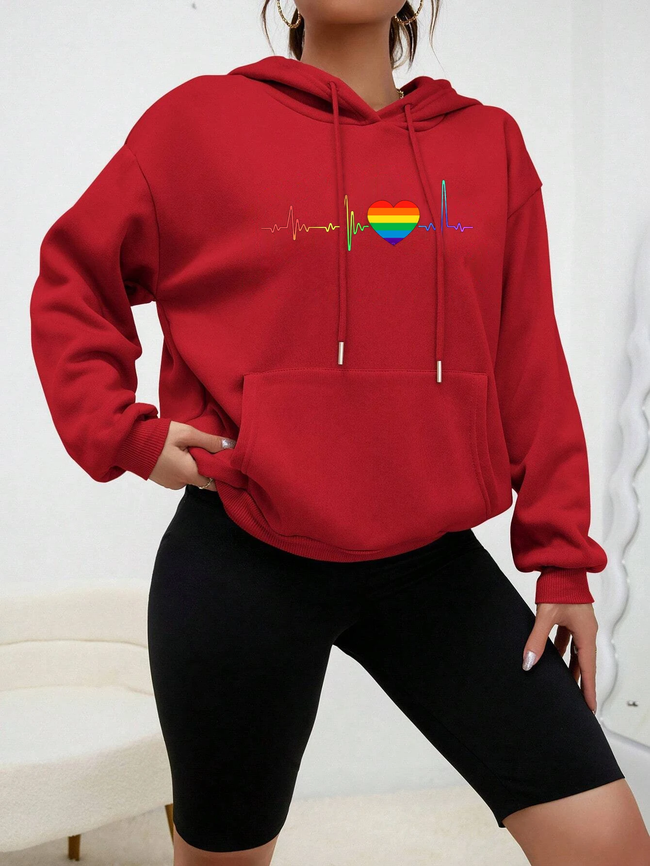 A Beating Color Heart Electrocardiogram Printed Hoodies Women Hip Hop Loose Sweatshirt Autumn Fashion Clothes Casual Pullover