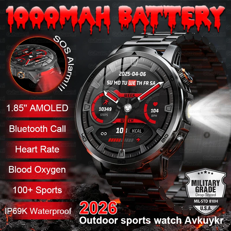 

1000mAh Super Large Battery Military Smart Watch BT Call LED Flashlight SOS Alarm 5ATM Waterproof Outdoor Tactical Watches Men