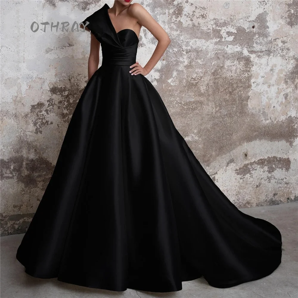 A Line Evening Dress Black Long Party Dress Vintage One Shoulder Night Dresses Stain Celebrity Dresses vestidos de fiesta