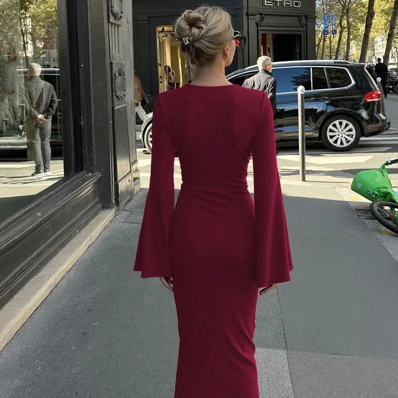 Blifanbo Herbst Elegante Geraffte Maxi Kleid Für Frauen Lace-up Langarm O Neck Bodycon Langes Kleid Schlank Neue fashion Solid Vestido