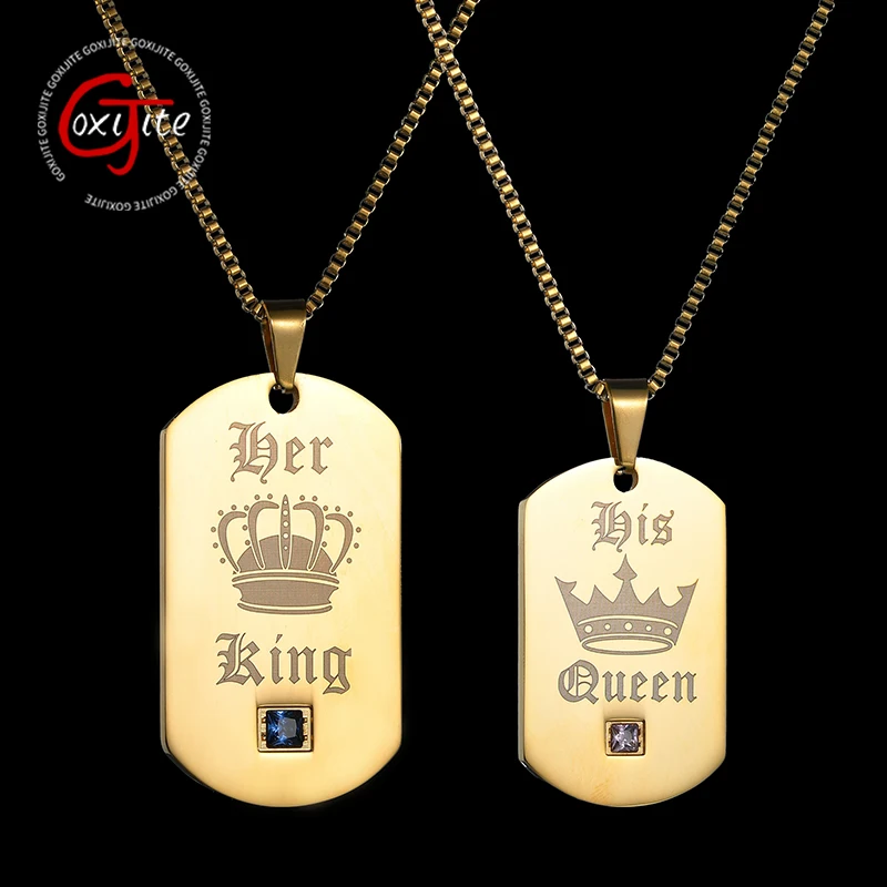 

Goxijite Laser Marking "Her King His Queen" Crown Couple Pendants Gold Color Engraving Name Necklaces For Men Women Lover Gifts