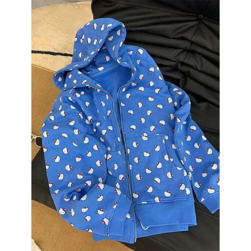 kawaii Hello kitty light blue all over print Hoodie sanrio kitty cute spring and autumn couple\'s cardigan jacket