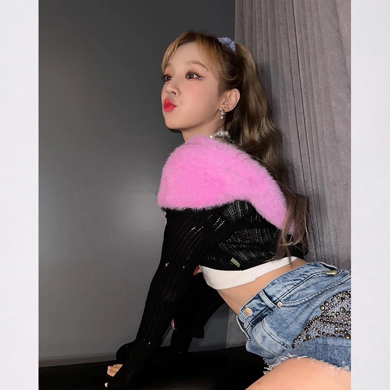 Kpop Korean Singer Concert Pink Feather Black Long Sleeves Cardigan Sweaters Women Y2k Sexy Short Tops Jazz Performance Costume