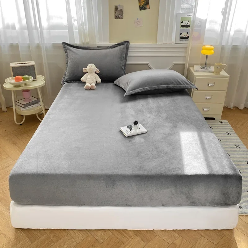 2025 Winter Milk Velvet Solid Fitted Sheet Set Thickened Warm Comfortable Mattress Protective Cover Soft Home Decor for Bedroom