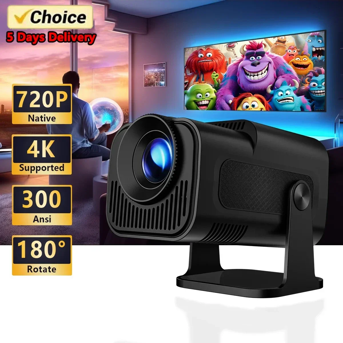 HY320 Mini Newly Native 720P Android 11 4K Projector 300ANSI Wifi6 BT5.0 Cinema Outdoor Portable 180° Rotable Projector