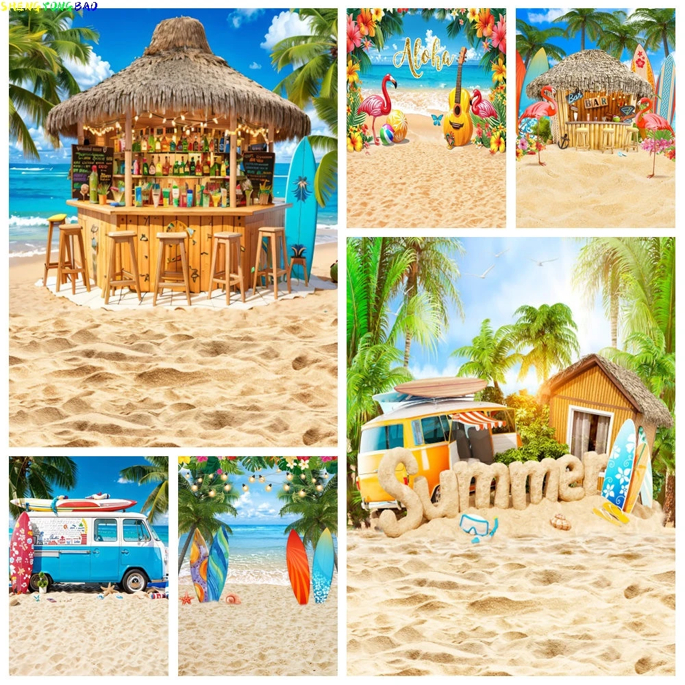 

Summer Beach Hawaiian Backdrop For Photography Seaside Luau Aloha Surfboard Flamingo Kid Birthday Holiday Party Photo Background