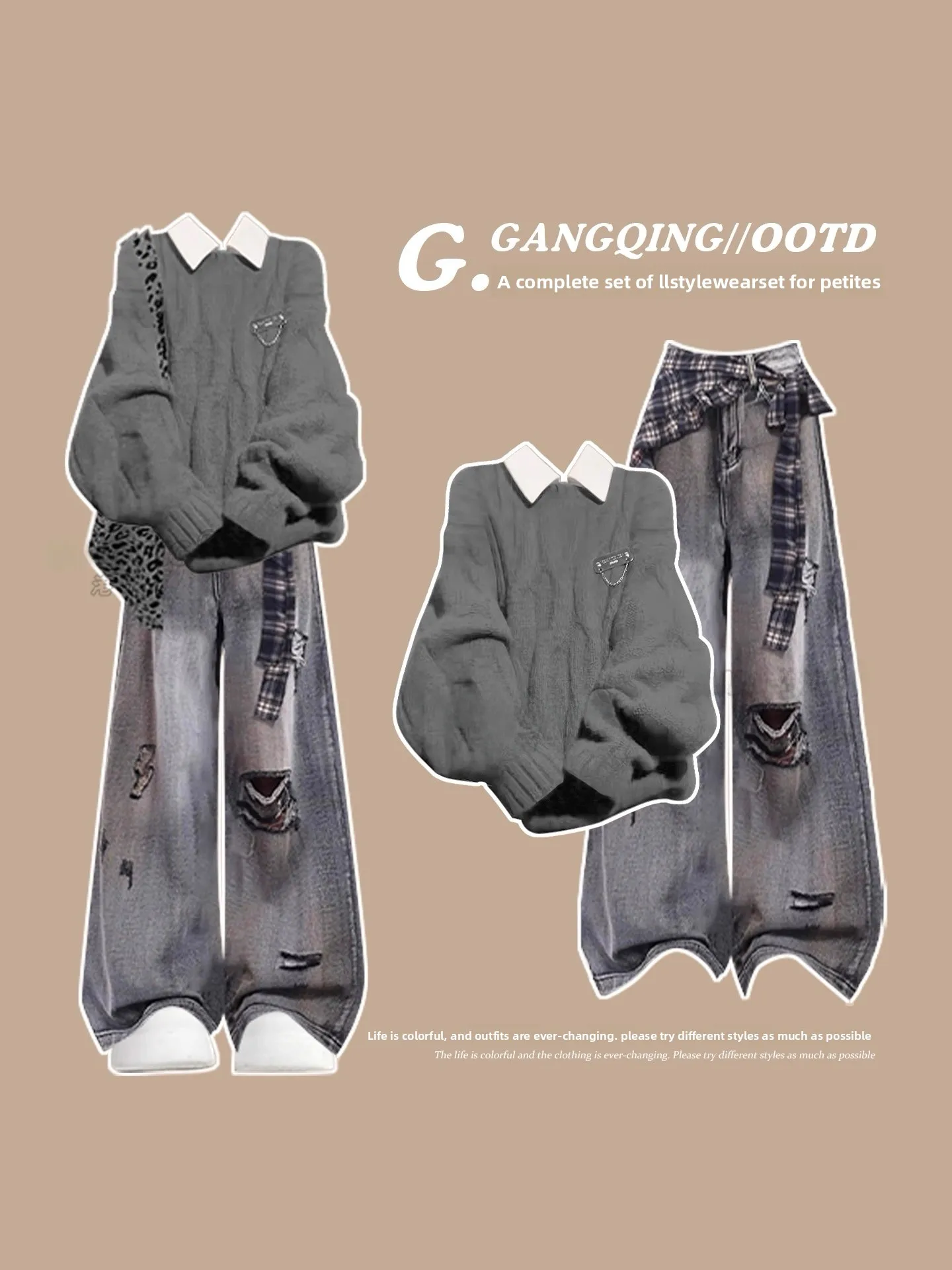 

Korean Sle Lazy Chic College Knitted Sweater Women Early Autumn OOTD Denim Set Pants Casual Faion Ensemble for Ladies