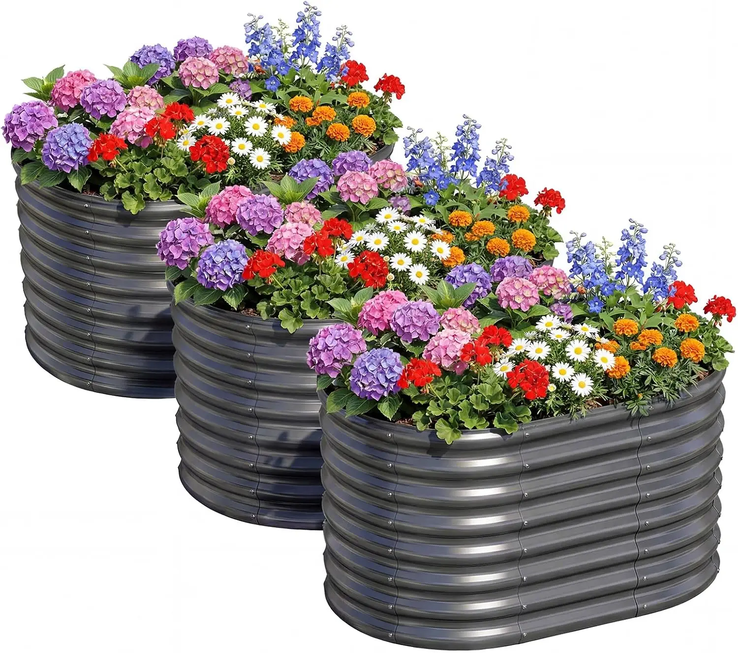 Set of 3 Gray Oval Galvanized Metal Raised Garden Bed 3 ft × 2 ft × 2 ft Height, Modular Anti-Rust Outdoor Plant Containers for Vegetables Fruits Culinary Herbs Backyard Patio Ground Planting Decor