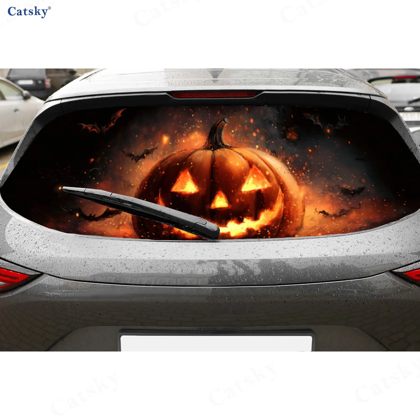 

Halloween Flame Pumpkin Bat Adventure PVC Perforated Car Vinyl Wraps, Durable Car Rear Windshield Sticker, Waterproof Car Rear W