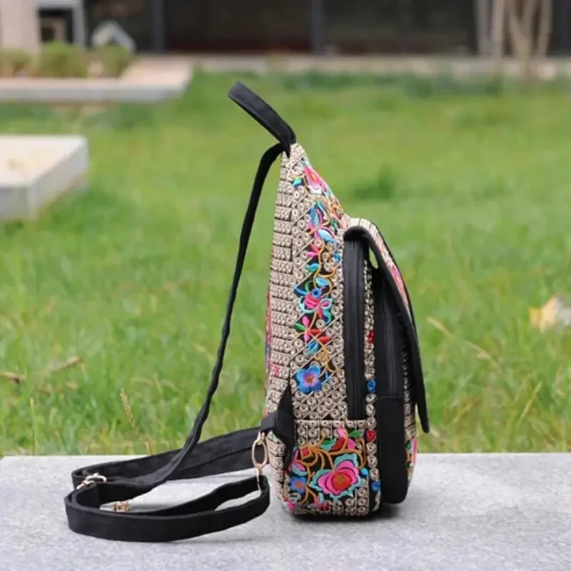 Handmade Embroidered Design Canvas Backpack Women Small Ethnic Rucksack Knapsack Female Travel Multifunction Shoulder Chest Bag