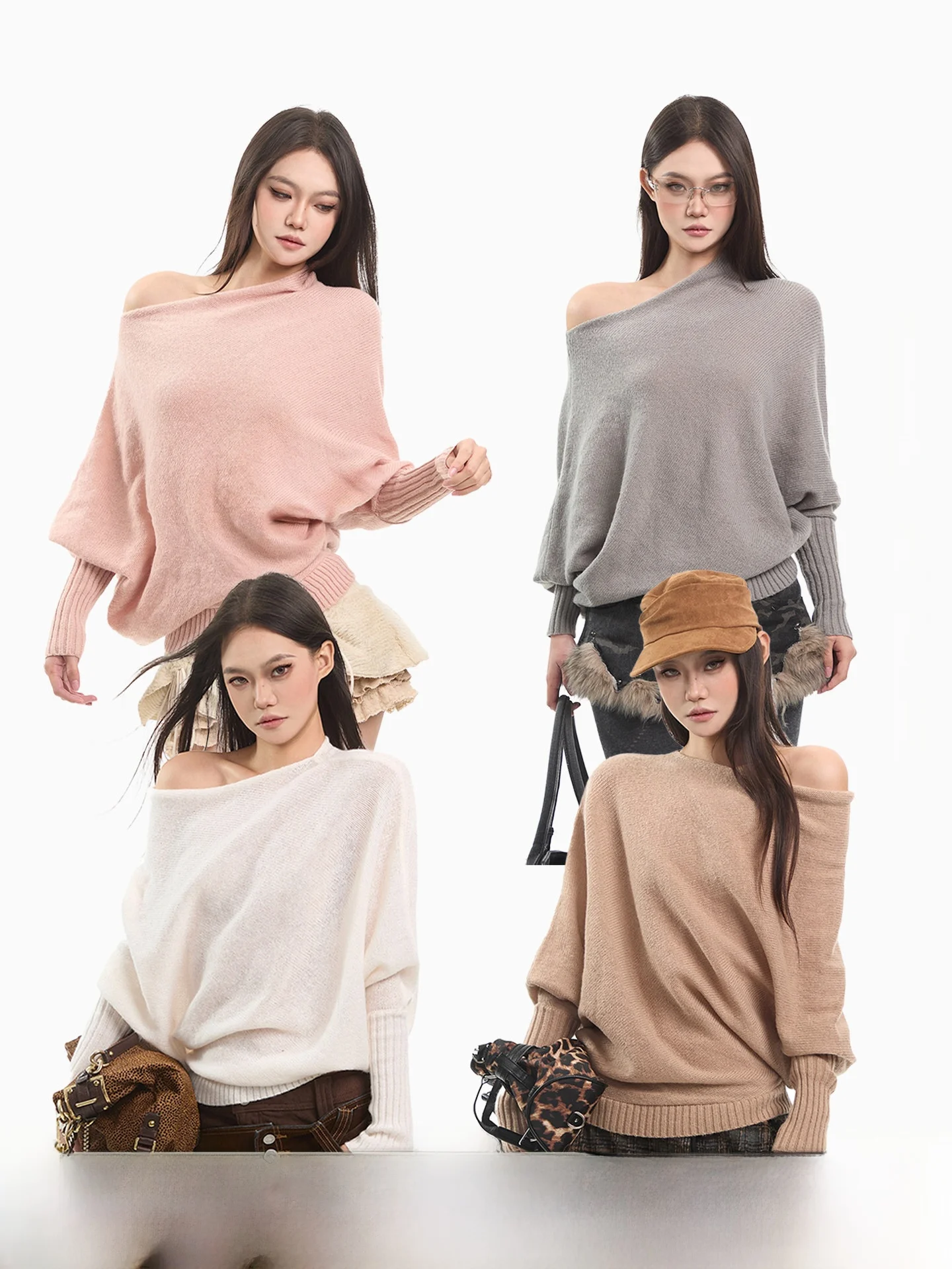 

CCUP SPACE Korean Sle Retro Off-oulder Knitwear Pink Slimming oulder Bared Sweater for Women Autumn Winter Faion
