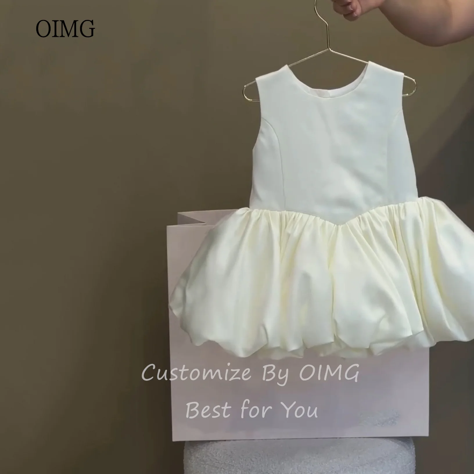 OIMG Simple Ivory O Neck Ball Flower Girl Dresses Button Back Wedding Party Dress Knee Length Birthday Dress Customized