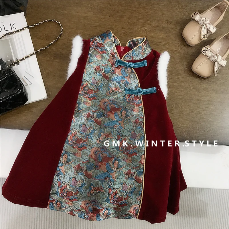 

Girls' New Year Outfit Quilted Winter New Children's Vest Dress New Chinese Style Girl Hanfu Button Dress