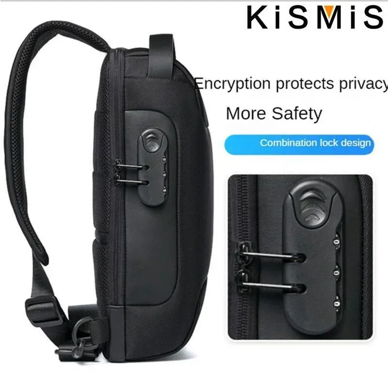 KISMISBolso de pecho de moda para hombre, bolso cruzado, bolso de hombro kedap air, bolso de viaje corto antirrobo USB