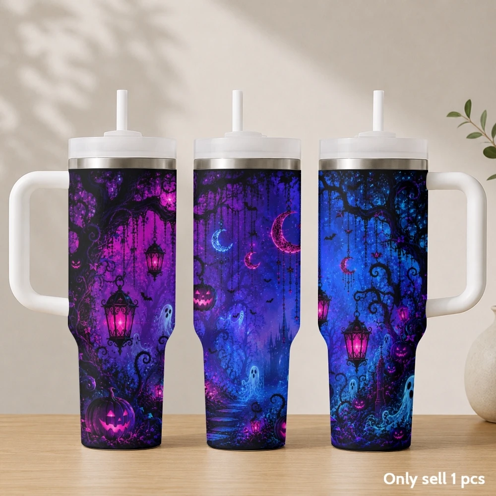 Halloween Ghost Cemetery Vacuum Flasks 40oz Stainless Steel Insulated Tumbler with Handle & Straw Leakproof Travel Mug
