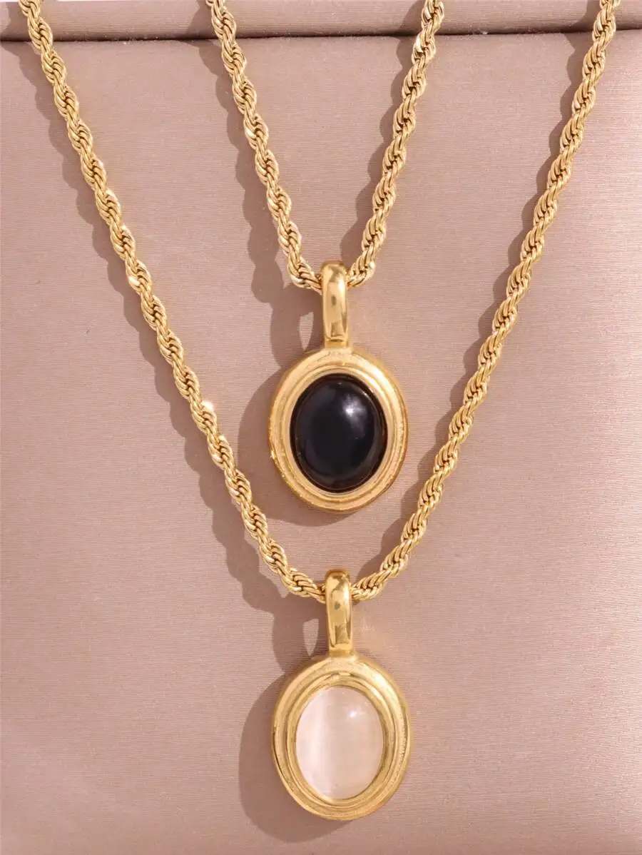 Hangzhi vintage oval preto branco marrom pedra charme colar de aço inoxidável pequeno bonito pingente colares jóias presente para mulher
