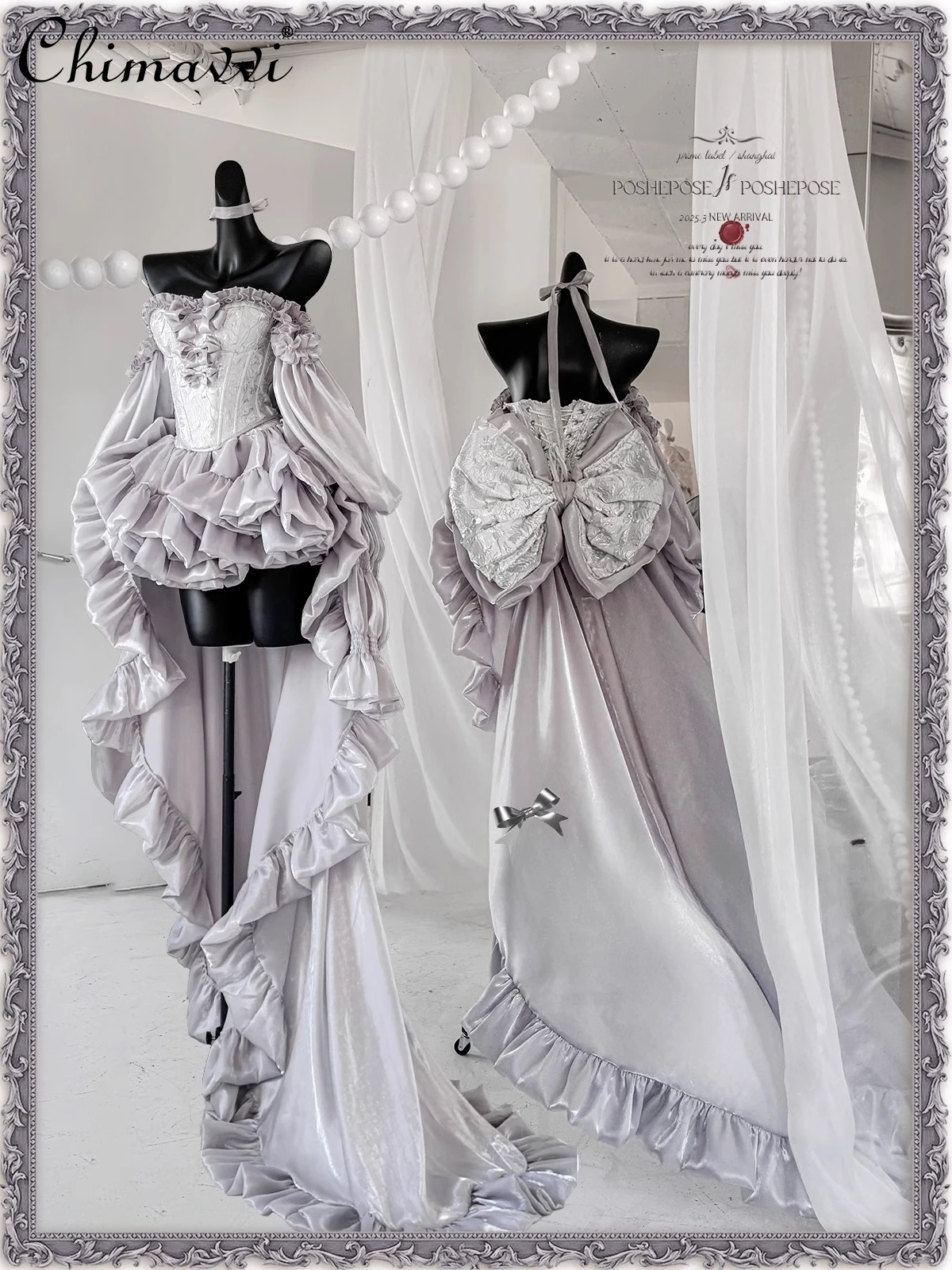 

Lolita Style Sweet Sexy Girl's Long Train Tubular Top Dress; Cute Bow Strapless Lady Birthday Party Princess Dress.