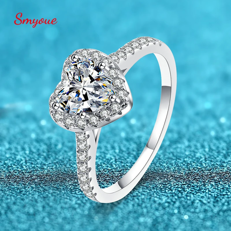 Smyoue 1ct VVS Moissanite Heart Rings For Women Coeur Cut S925 Silver With Pt950 Platinum Wedding Engagement Bridal Jewelry