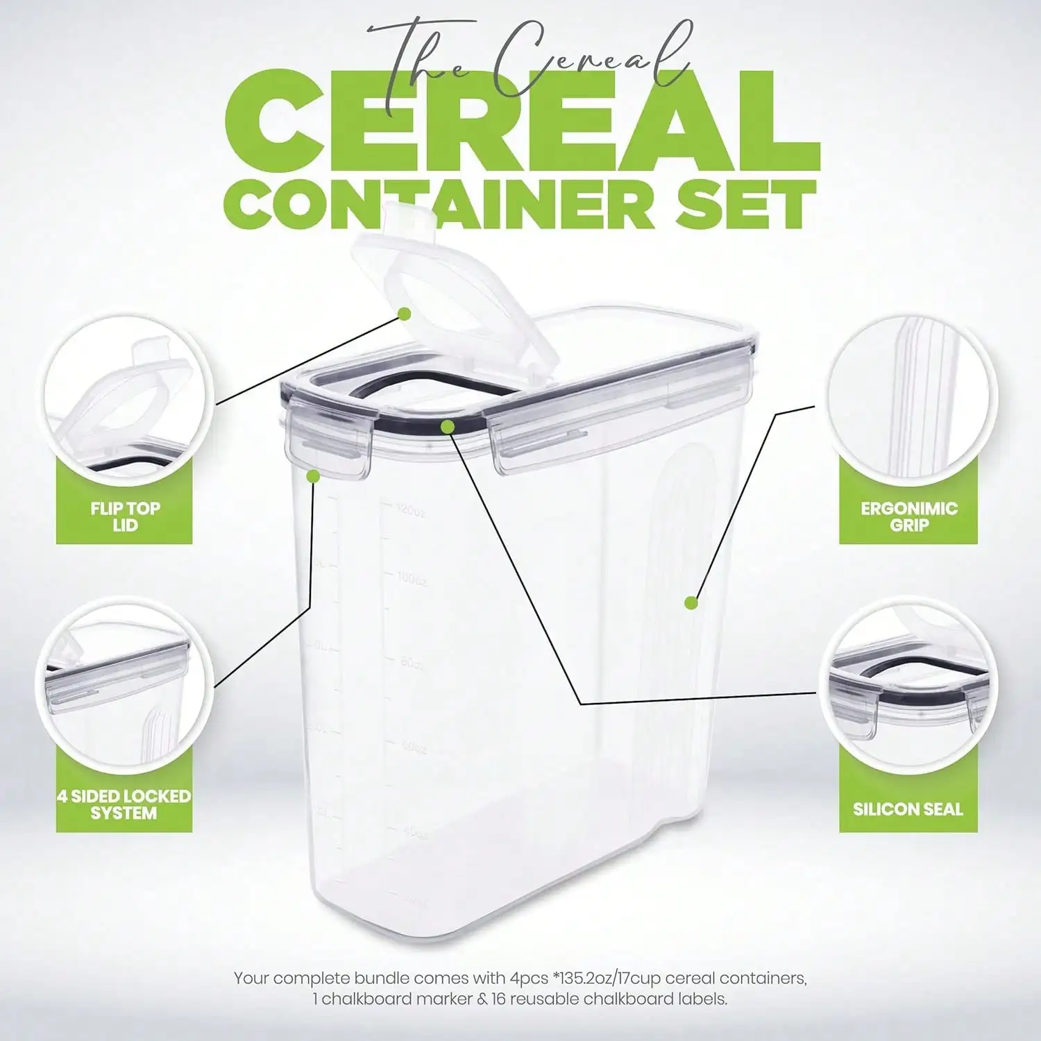 4 Pack Extra Large Cereal Storage Containers Modern Clear Airtight Plastic Canisters Black Flip Top Lids 4L 135oz Large Capacity With Chalkboard Labels Scoop For Grain Rice Flour Kitchen Pantry Christmas Housewarming Gift