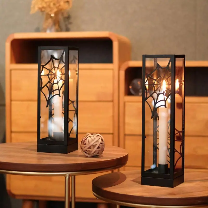 Custom wholesale Halloween candlestick, ornament ins wind spider web black glass candlestick wrought iron wind lamp