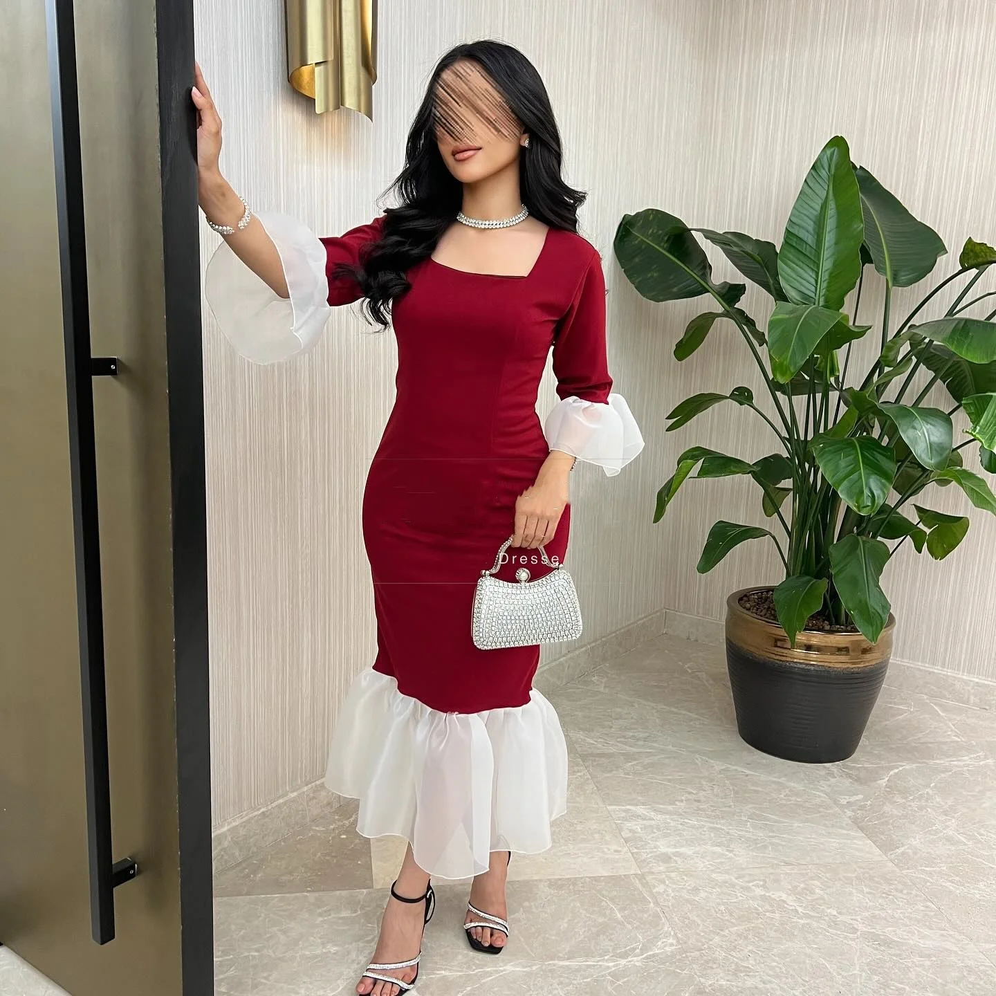 Customized Sizes Available Modern Style Jersey Pleat Ruched Mermaid Square Neck Midi Dresses Bespoke Occasion Dresses Simple