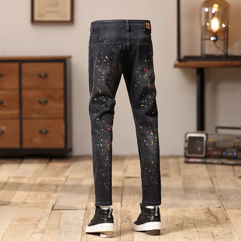Street Fashion Men Jeans Retro Black Gray Stretch Skinny Fit Ripped Jeans Men Painted Designer Hip Hop Denim Pencil Pants Hombre