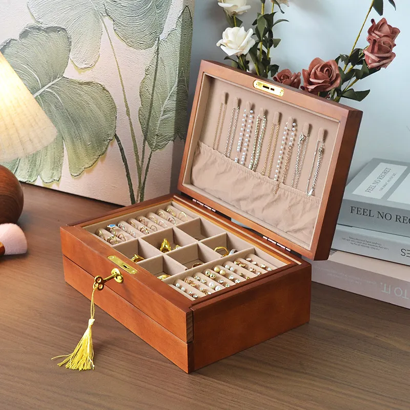 Solid Wood Jewelry Storage Box Vintage Necklace Bracelet Organizer Boxes Drawer Trinket Jewellery Cases Storage Box with Lock