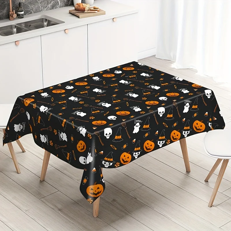 1pc, Halloween Ghost Pumpkin Tablecloth, 86.61 X 51.18inch, Black Background Ghost Pumpkin Skeleton Pattern Disposable Plastic T