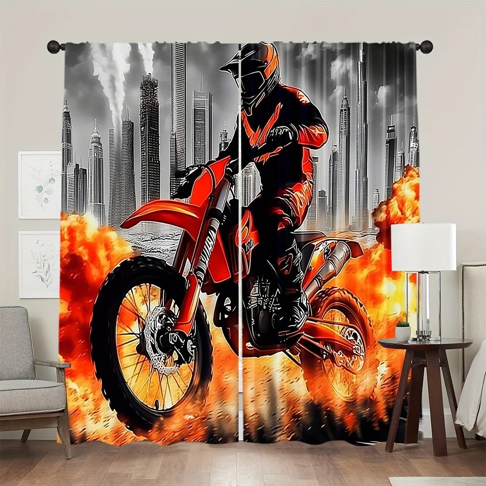 Motocross Rider Dirt Bike Blackout CurtainsExtreme Sports Motorcycle Print with Fire City Background Window Drapes for Boys Room