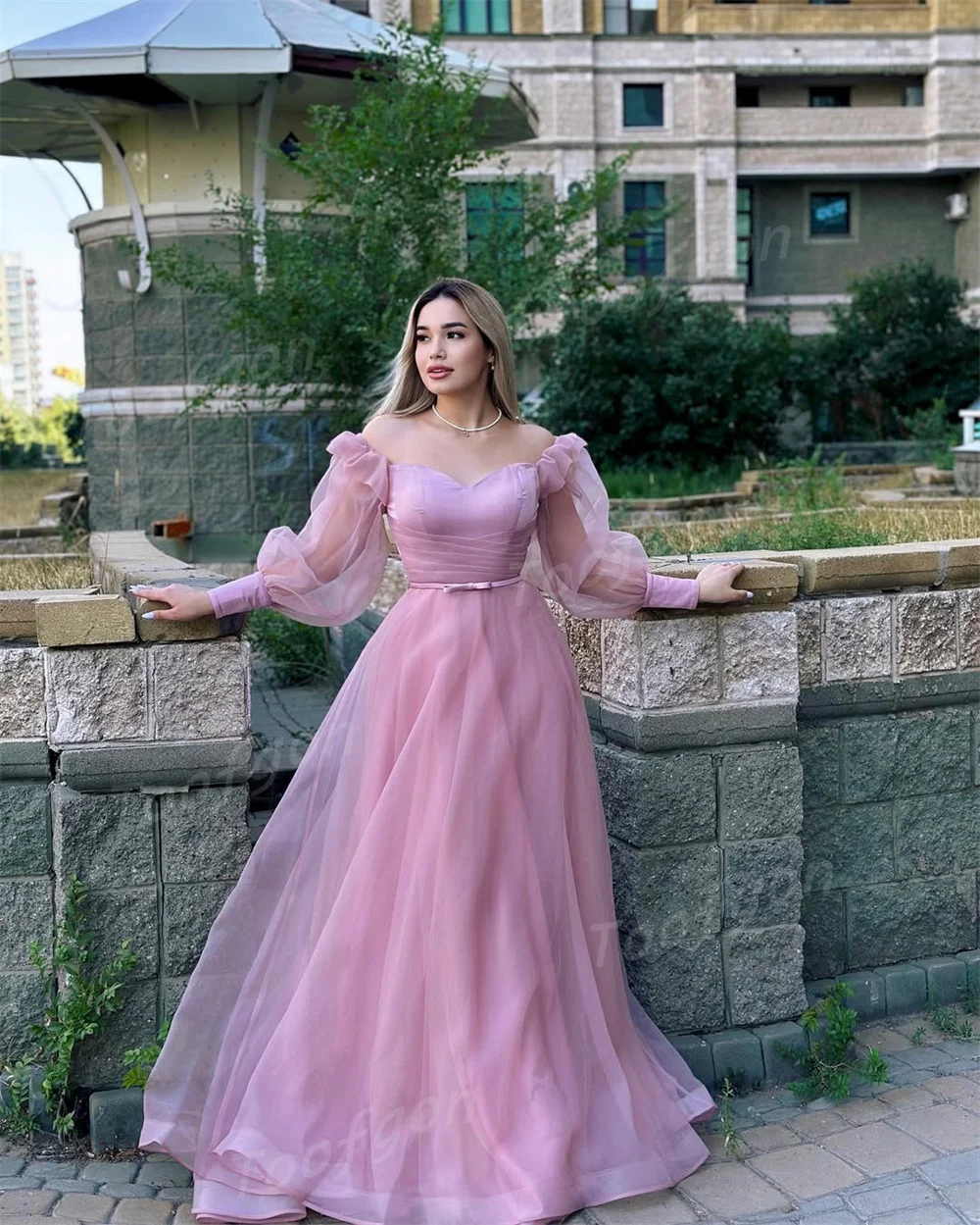 Toofgon Sweet Organza Light Purple Evening Dresses Long Puff Sleeve Formal Party Gown Customized Women Sweep Long Prom Dress