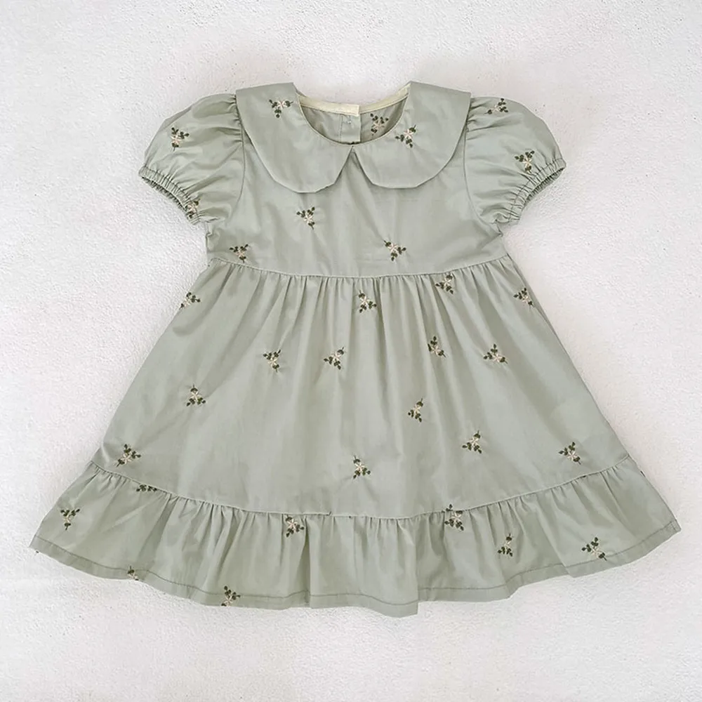 

Summer girls' dress sweet baby girl clothes Bubble sleeves Flower Embroidered Doll Neck Dress summer dresses