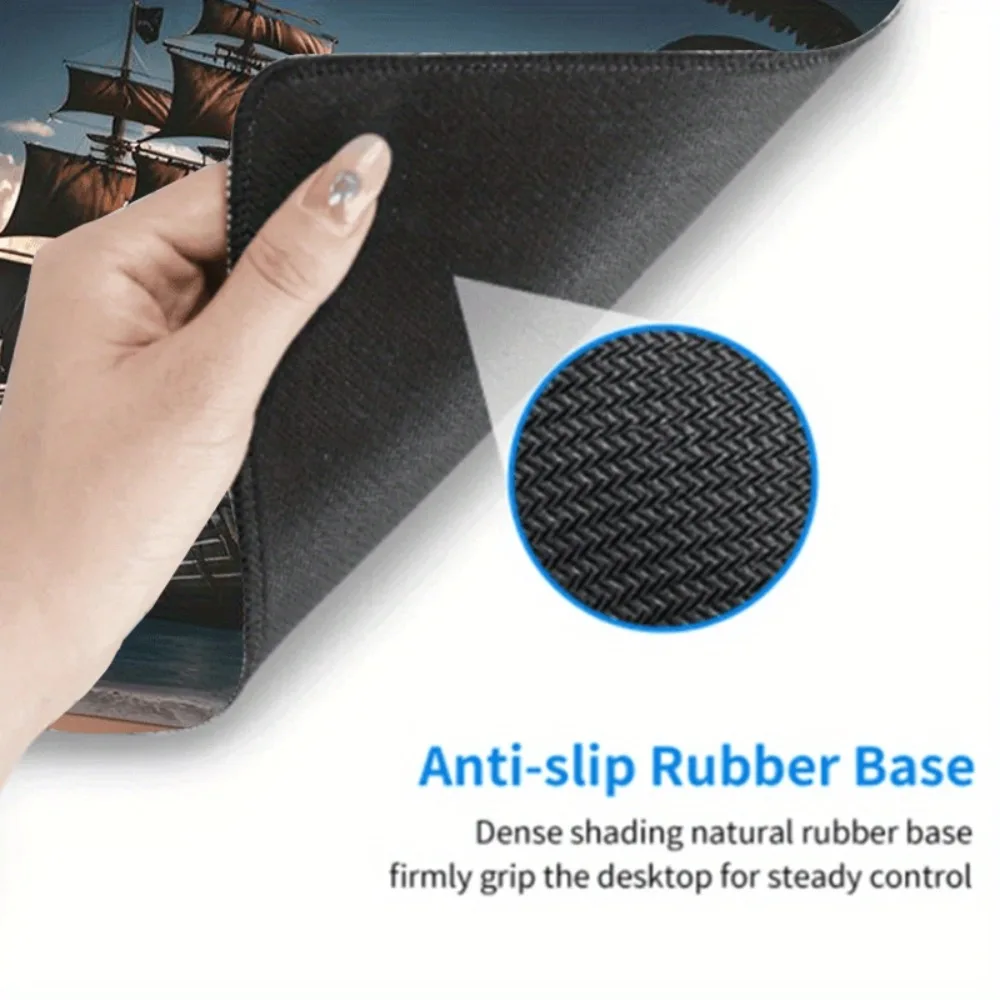 Marine pirate ship pattern rubber mouse pad, with anti-slip base, adventure-themed computer keyboard table pad