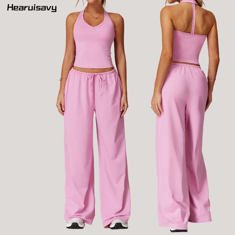 

Hearuisavy Women's Running Sports Suit Breathable V-Back Workout Yoga Bra Elastic Drawstring Casual Pants With Side Pockets Sets