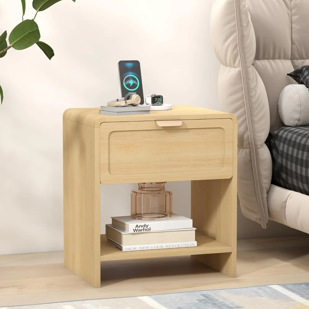 Par de mesitas de noche modernas de mediados de siglo con estación de carga, rincones curvos, mesitas de noche de madera para decoración elegante del hogar