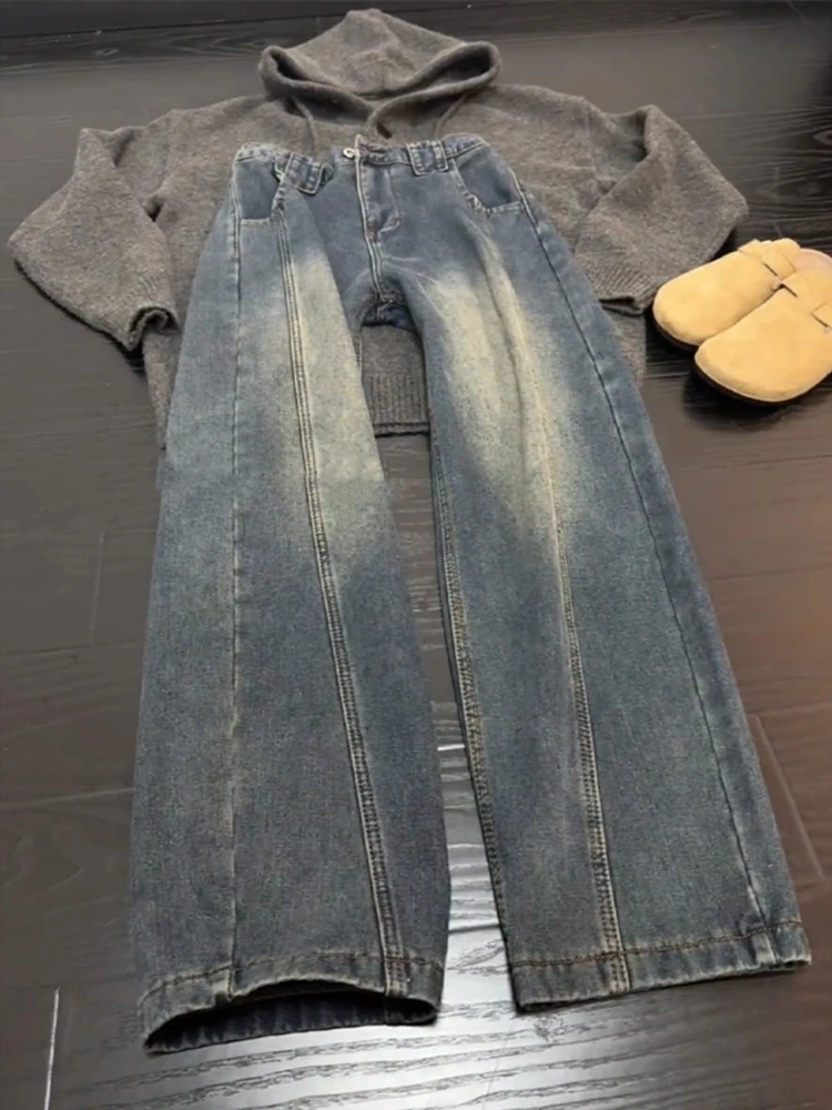 

Джинсы на подкладке Fce, мужские осенне-зимние винтажные свободные брюки прямого кроя с американской талией, модный дизайн ножа с изгибом