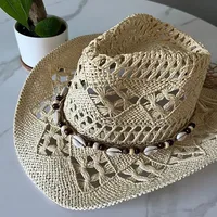 Summer Bohemian Shell Straw Hat Beach Women Men Cowboy Hats Wooden Beads Hollow Out Western Wide Brim Sun Hat Holiday Cap - Image 3