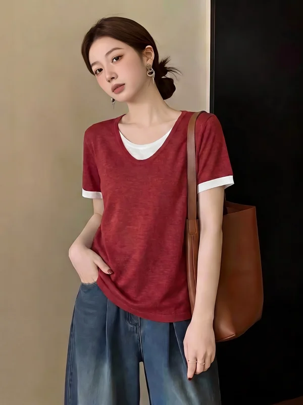 

Red Bamboo Bud Cotton Short Sleeve T-Shirt Women's plus Size Fashionable Ageless Top Korean Style Loose Fit Knitted Crew Neck