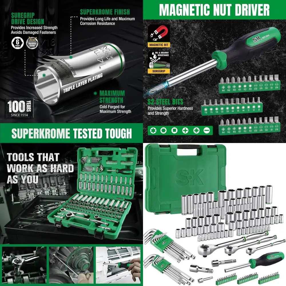 

Набор инструментов для механики, приводное гнездо 1/4 дюйма, 3/8 дюйма и 1/2 дюйма с храповым механизмом 216-P, 147 предметов, SAE и метрическая отделка, SuperKrome, с местом для хранения