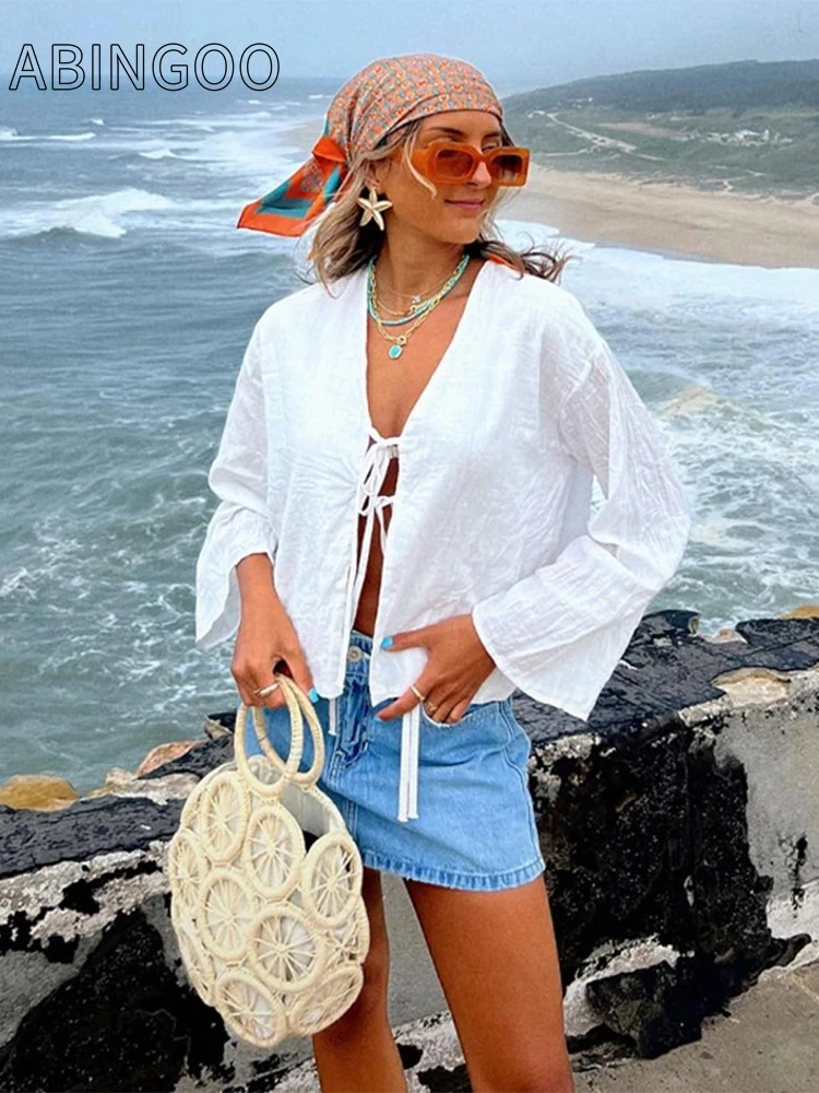 Solid Lace Up Bow Shirts Women Hollow Out V Neck Tops Beach Sun Protection Cotton Linen Shirt Casual Flared Long Sleeve Blouse