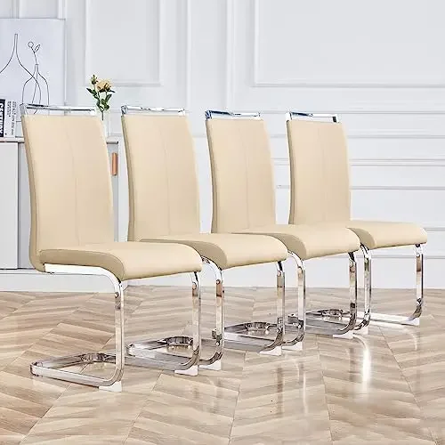 Modern Dining Chairs Set of 4, Side & Kitchen Chairs with Silver Frame, Faux Leather Padded Seat High Back, for Dining