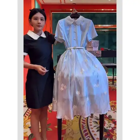 French Blue Floral Embroidered Dress Luxury Beaded Party Dresses Womenel Egant Peter Pan Collar a-Line Midi Dress With Belt 449A