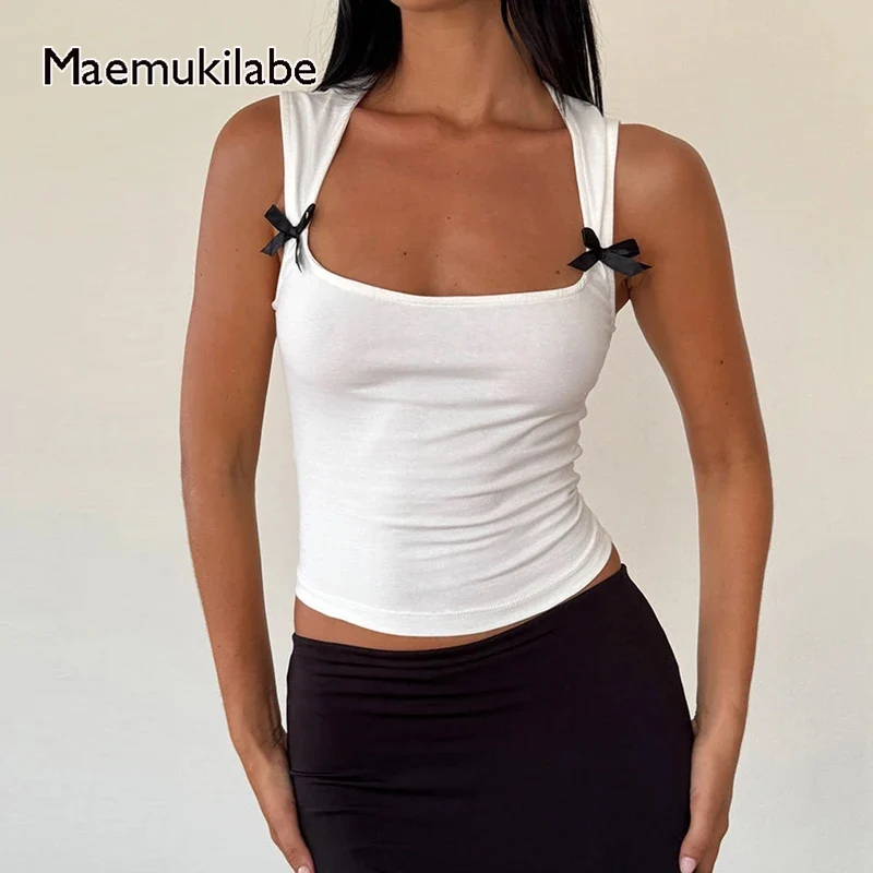 Maemukilabe Cutest Bow Slim Fit Cropped Tops Y2K Fairycore Rib Knitted Vest Women Chic Fashion Vintage Tank Tops High Street