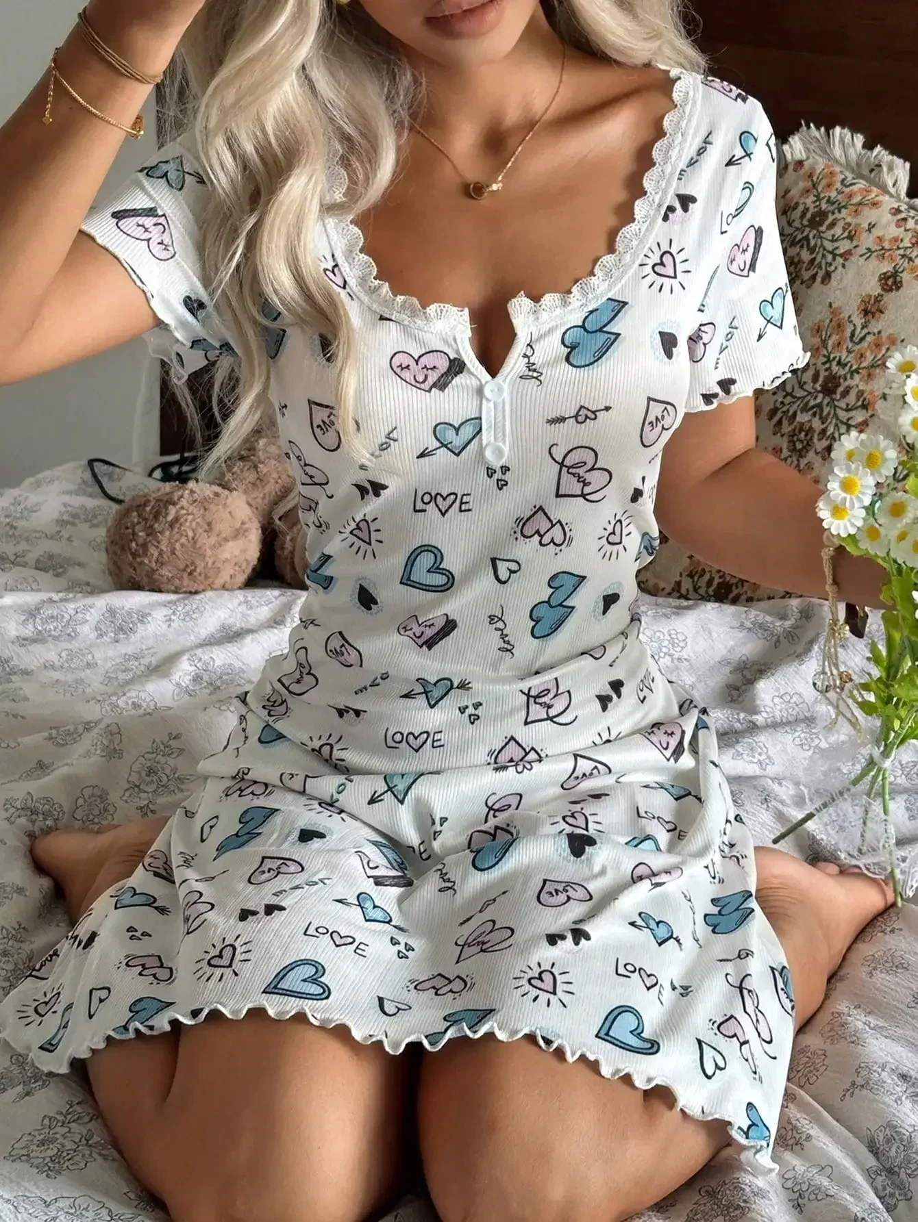 

Lace Patchwork Square Collar Two-Button Heart Print Ribbed Short Sleeve Nightgown Cozy And Elegant Details
