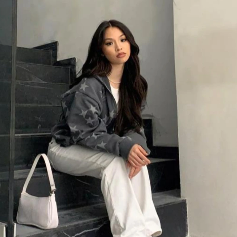 เสื้อฮู้ดดี้มีซิปพิมพ์ลายดาวสไตล์ยุโรปและอเมริกา ปี 2025 แบรนด์แฟชั่นสำหรับผู้หญิง ทรงหลวม