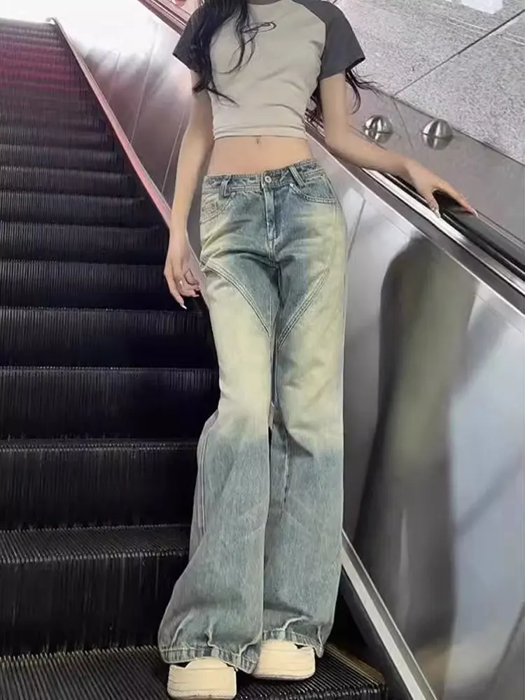 

Jeans Women Straight Retro American Casual Dark Distressed Ripped Unisex Simple Basic Girl Series High Street Aesthetic Dark